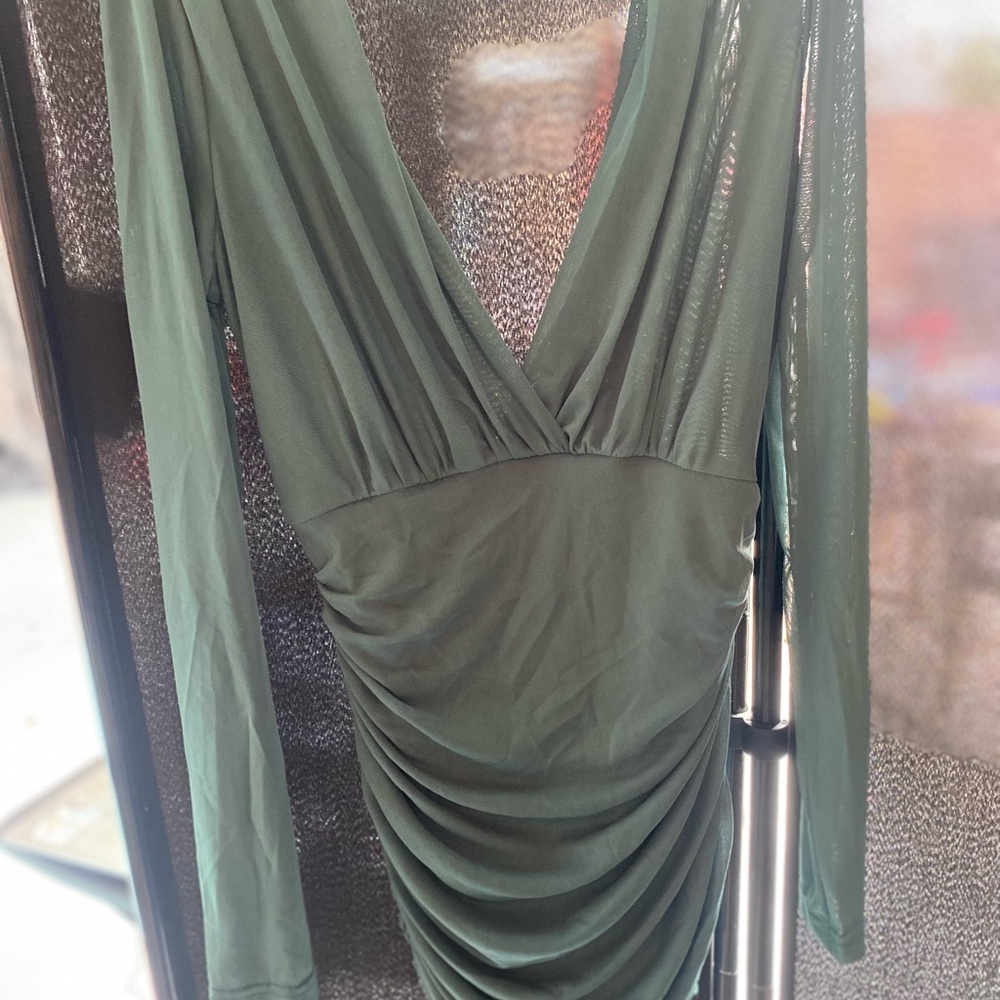 Fashion Nova Green Plunge Long Sleeve Elegant Top